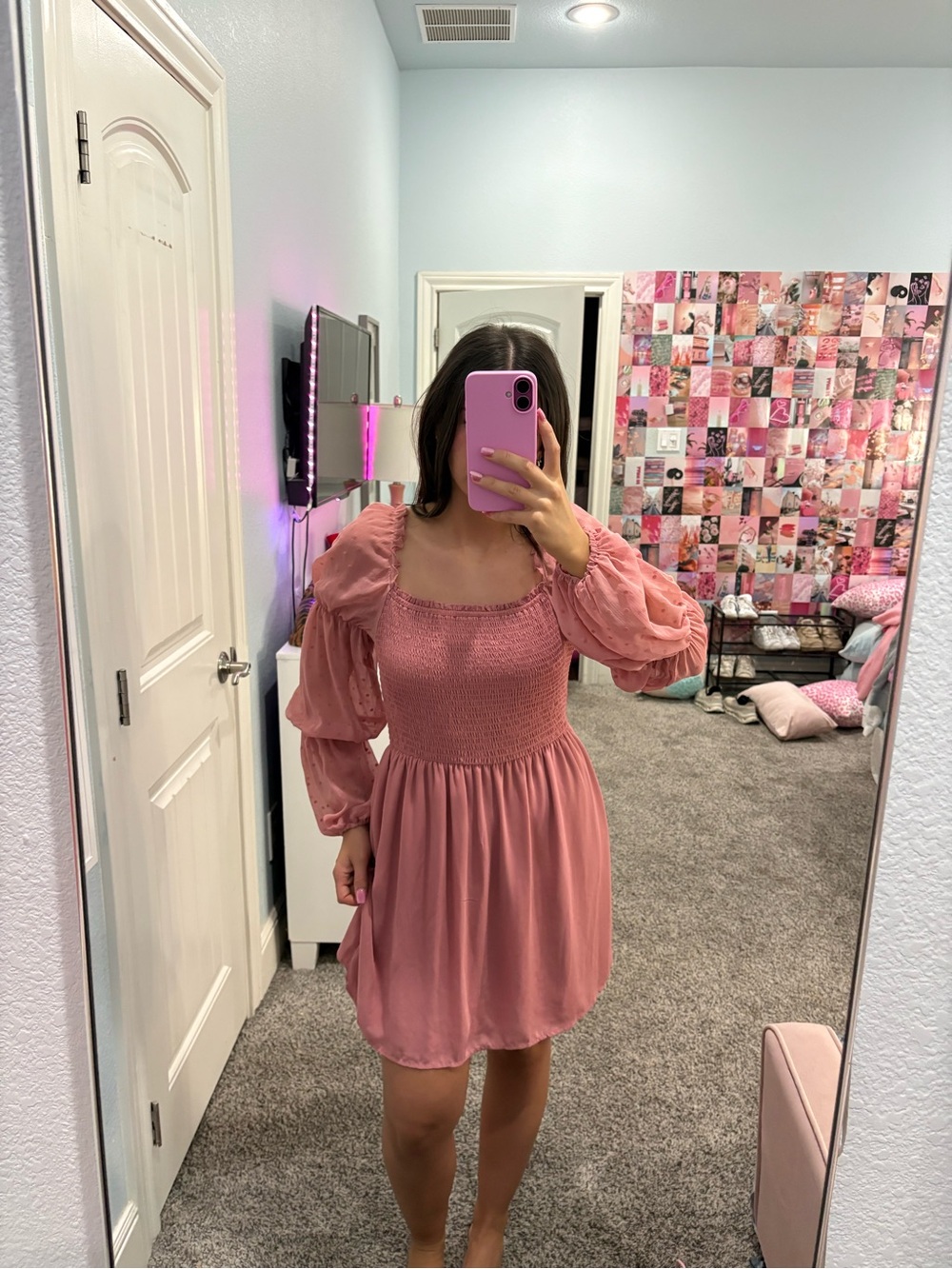 Dillards Smocked Square-Neck Mini Dress in Rose Pink